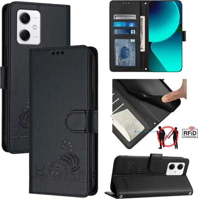 Obrázek produktu pro Kožené pouzdro pro Xiaomi Poco X5/Redmi Note 12 5G, sladká kočka Flip pouzdro s funkcí stojánku a peněženkou černé