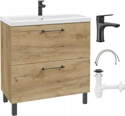 Produktbild von DomoDomo Waschbeckenunterschrank 80x80 cm mit waschbecken – Badezimmer Unterschrank Eiche Craft, stehend mit 2 Schubladen Soft-Close, Badmöbel mit Waschtischarmatur