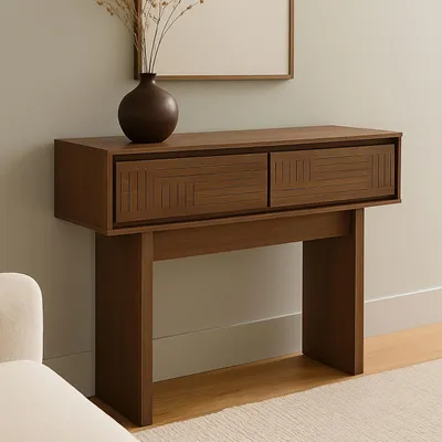 Produktbild von Konsolentisch HWC-O31, Telefontisch Beistelltisch Ablagetisch, Schublade Melamin 86x110x41cm  braun