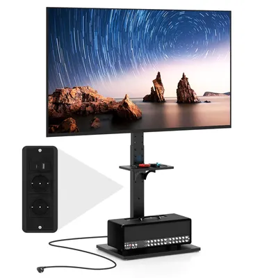 A TV stand with a TV mounted on it, and an inset showing a power outlet.