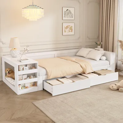 Obrázok produktu pre Flex dennné lôžko 90x200 cm s priestorom pre domáce zvieratá, rozkladacia posteľ s drevenou konštrukciou, zásuvkami a úložnými priestormi, dennné lôžko pre mládež s policou, biela farba