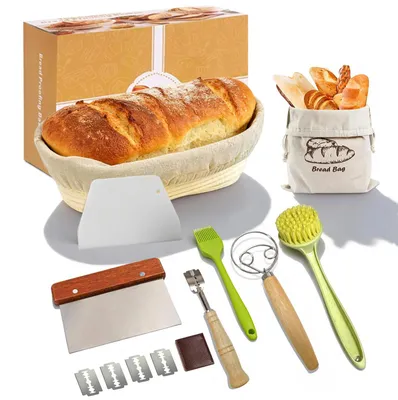 Brotset mit Gärkorb, 10-teilig, Backanfänger-Set, Rattan, Geschenkbox