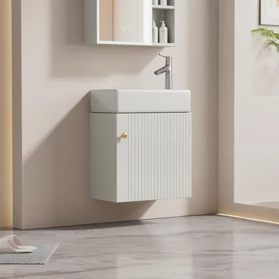 A modern bathroom vanity with a sink and cabinet, mounted on a light-colored wall.