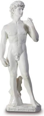 A white statue of David on a white background.
