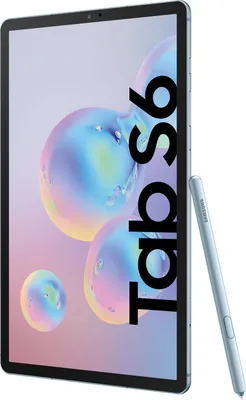 A Samsung Galaxy Tab S6 tablet with a stylus attached to its side, displayed against a light background with abstract colorful bubbles.