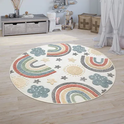 Produktbild von Kinderteppich Kinderzimmer Outdoorteppich Spielteppich 3D Regenbogen Motiv Beige Grösse Ø 200 cm Rund
