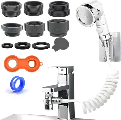 Produktbild von Handbrause für Waschtischset – Waschtischbrause mit Schlauch (1-5 m) – Duschkopfhalterung und Wasserhahn – Absperrfunktion für die Waschtischbrause – Für Badezimmer – Waschbecken