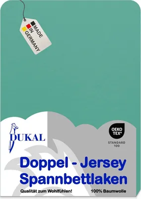 A product image for a fitted sheet with branding and certification logos.