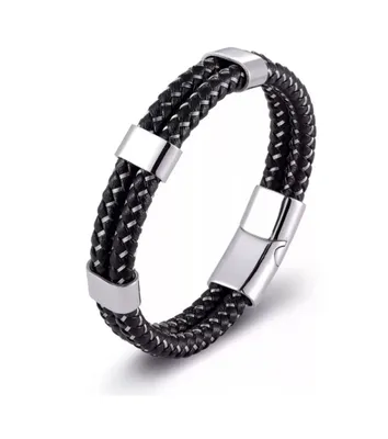 Produktbild von Armband Herren Elegant Business Leder Edelstahl Magnetverschluss Schwarz Silber