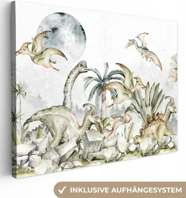 Produktbild von MuchoWow® - Leinwandbilder - Dinosaurier - Kinder - Dschungel - Grün - Tiere - Natur, Wandbild, Wanddeko Bilder Wohnzimmer, 40x30 cm