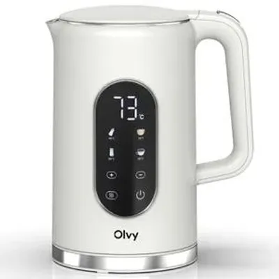 Productafbeelding van Olvy waterkoker, crème kleur, 1,7 liter – LCD-display, 2200W, BPA-vrij, warmhoudfunctie, kalkfilter, temperatuurinstelling 40–100°, roestvrij staal