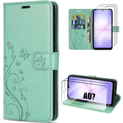Image de Coque + 2 Verres Trempés pour Samsung Galaxy A07, Protection Anti-Rayures Effet Cuir Vert Motif Plante Papillon