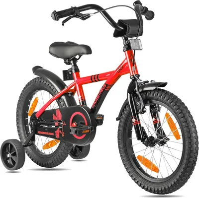 Obrázek produktu pro PROMETHEUS BICYCLES, dětské kolo, 16 palců, vhodné od 5 let, dětské kolo, pro dívky i chlapce, s bočními kolečky, s nožní brzdou, v červeno-černé barvě