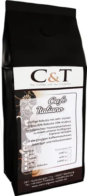 A black coffee bag with a white label showing product details.