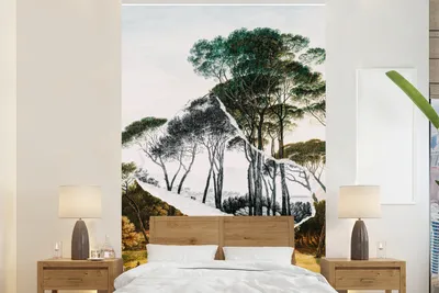 Produktbild von MuchoWow® Fototapete für Wohnzimmer oder Schlafzimmer Wandtapete Vinyl Motivtapete Italienische Landschaft Schirmkiefern - Kunst - Hendrik Voogd - Malerei - Schwarz-Weiß - Alte Meister - 160x240 cm - Vinyltapete