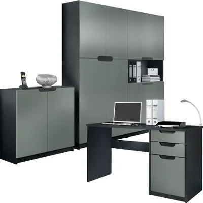 Produktbild von Vladon Büromöbel Arbeitszimmer komplett Set Logan,  Germany, Korpus in Schwarz matt / Fronten in Graphit Seidenmatt