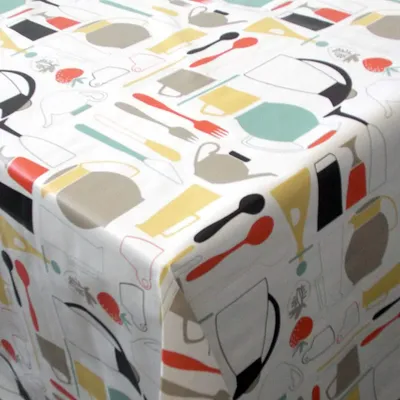 Produktbild von PVC Tischdecke Cucina Wachstuch - Eckig - Länge & Breite wählbar - abwaschbar - Küche weiss Geschirr bunt  , Größe:140 x 2500 cm