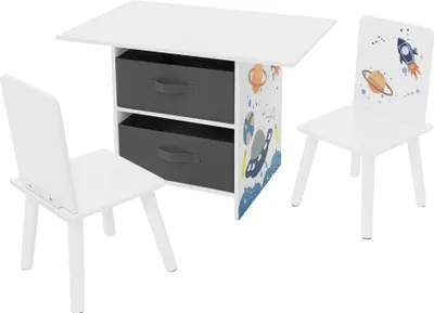 Obrázok produktu pre Joyz 3-dielna detská sedacia súprava, 1 detský stôl s úložným priestorom a 2 stoličky, priestor, biela, z dreva, detská súprava nábytku pre deti