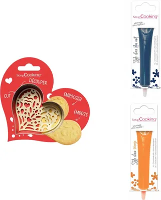 Produktbild von Herz-Relief-Plätzchen-Set + 2 Schokoladenstifte in Mitternachtsblau und Orange