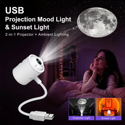 Produktbild von 2-in-1-LED-Projektionslampe mit Sternenhimmel- und Sonnenuntergangseffekt, 360°-Drehung, USB-Betrieb