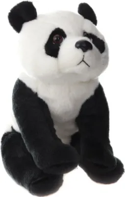 A plush panda toy sitting down against a white background.