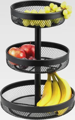 Produktbild von 3-stöckige runde Obstetagere/Brotkorb, Etagere, Obstschale, Obstkorb aus Metall, viel Platz für die übersichtliche Lagerung von Obst, Gemüse, Brot und Snacks in Küche und Wohnzimmer (Schwarz)