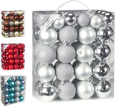 Produktbild von 50 Christbaumkugeln Kunststoff 4cm und 6cm Kugelbox 50 teilig, Farbe:silber