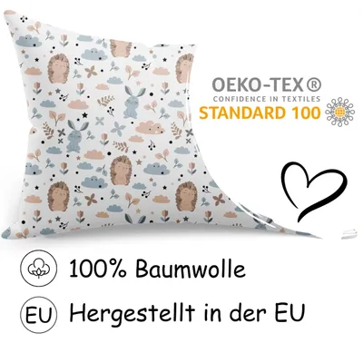 Produktbild von PinkZebra 80 x 80 cm Kopfkissenbezug Kinder, Kissenbezug aus 100% Baumwolle, Kissenhülle mit Standard 100, Kinderbezüge mit Reißverschluss, Igel