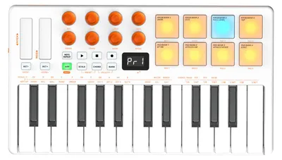 Produktbild von 25-Tasten MIDI-Keyboard-Controller mit Bluetooth, MIDI-Pads, RGB-Hintergrundbeleuchtung, druckempfindlichen Tasten, Arpeggiator und Akkordfunktion, für Computer und Smartphone, weiß