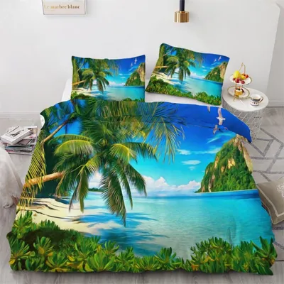 Zdjęcie produktu dla Komplet pościeli "Palme", 200x200 cm, 3-częściowy, z mikrofibry, dwustronny, z zamkiem błyskawicznym, motyw 3D, tropikalny
