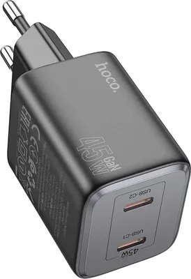 A close-up, angled view of a black Hoco N42 GaN 45W USB charger with two USB-C ports.