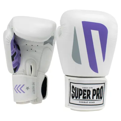 Produktbild von Super Pro No Mercy Kick Boxhandschuhe Weiss Lila Leder Gewicht 12 oz