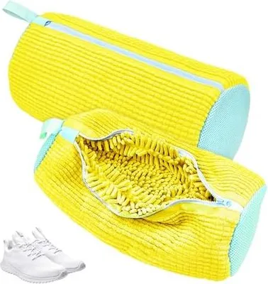 Produktbild von Schuhwaschbeutel Waschmaschine 2 Stück, Schuhbeutel Waschmaschine, Waschbeutel Wäschenetz Schuhe Wäschesack mit 360°Reinigungsflaum, Schuhsack für Waschmaschine und Trockner (2×gelb)