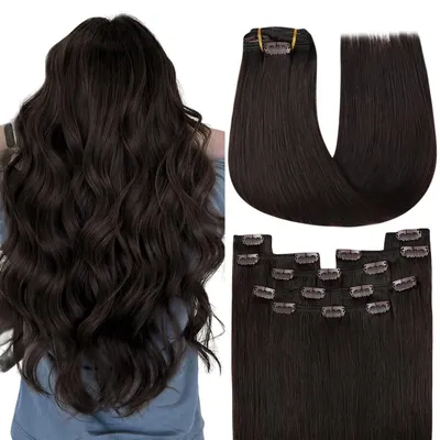 Image de Extensions à clipser, cheveux naturels, lisses, 60 cm, 150 g, brun foncé, lot de 7 pièces