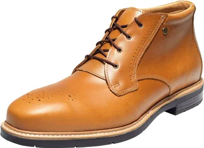 A single brown leather boot is shown against a white background.