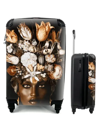 Produktbild von MuchoWow® Koffer Handgepäck Trolley Rollkoffer Kleine Reisekoffer mit 4 Rollen - Frau - Blumen - Schwarz - Cabin Size < 55x40x23 cm & 55x40x20 cm - Fotokoffer - Kabinenkoffer - Boardgepäck - Reise-Box - Reisekoffer - Reisegepäck - Koffer mit Bild - Trolley für Kinder