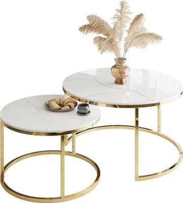 Produktbild von Runder Couchtisch SELAVI 2in1 Gold Chrom/ Weiß Marmor