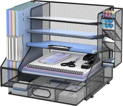 Image de Organiseur de bureau à 5 compartiments, noir, avec porte-crayons et tiroir