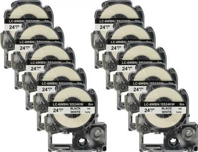Produktbild von vhbw 10x Schriftband-Kassette kompatibel mit Epson LabelWorks OK900P, OK720 Etiketten-Drucker 8m x 24mm Schwarz auf Weiß