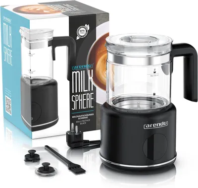 Zdjęcie produktu dla Elektryczny spieniacz do mleka 6-w-1, 600 W, pojemność 500 ml, do przygotowywania ciepłej i zimnej pianki mlecznej, z szklanym pojemnikiem, 2 końcówki, idealny do cappuccino, latte i kakao