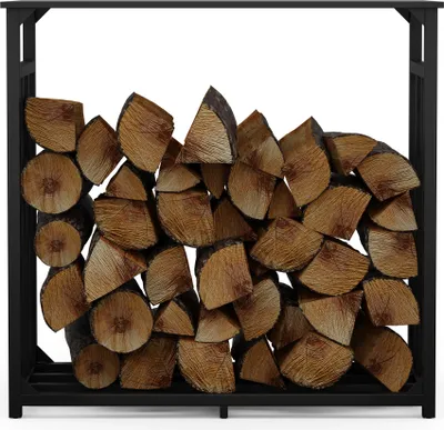 Produktbild von Blumfeldt Valdivian Kaminholzregal – 2,3 m³ Metall-Brennholzregal mit Stahldach & Regenschutz, Robustes Holzlager Innen, Wetterfestes Feuerholzregal, Inkl. Tragetasche für Kaminholz Aufbewahrung