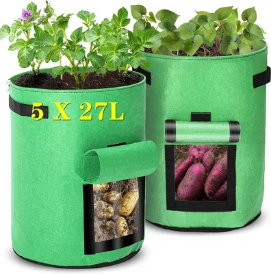 Produktbild von ISOISL 5er Set Pflanzsäcke 26,5 L aus Vlies mit Sichtfenster & Griffen, Kartoffel-Pflanztaschen für Gemüse, Balkon & Garten