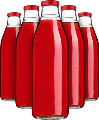 Obrázok produktu pre KADAX fľaše na džús 1 l, 5 ks, červené, sklenené fľaše so skrutkovacím uzáverom fi43 mm, prázdne fľaše na konzervovanie, konzervačné fľaše na plnenie džúsom a sirupom