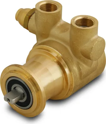 A brass pump with threaded connections and a rotating shaft with a bearing.