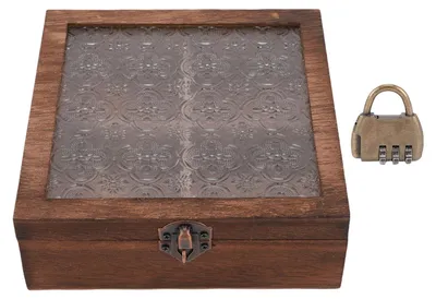 Produktbild von Make-up-Organizer im Vintage-Stil, Blumenmuster, Holz, Schmuckaufbewahrung, klein, dekorativ, mit Glasdeckel, quadratisch