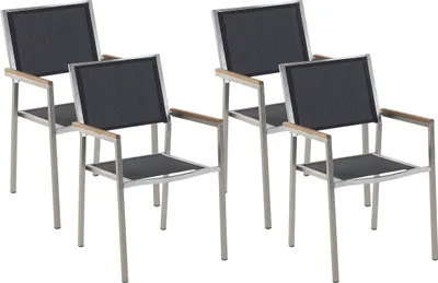Produktbild von BELIANI Gartenstühle 4er Set Silber Textilbespannung Schwarz mit Armlehnen aus Polyester Edelstahl Kunstholz Terrasse Outdoor Modernes Design