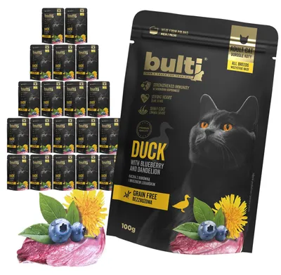 Obrázek produktu pro Bulti | Mokré krmivo pro kočky – Kachna, borůvky a pampeliška – 20 × 100 g – bez obilovin – superpotravina