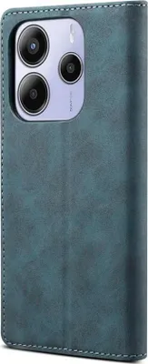 A teal leather flip case for a smartphone is shown.