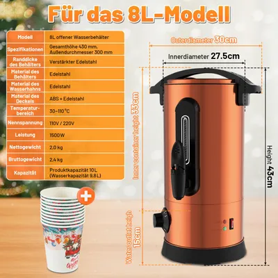 Obrázek produktu pro Peviasot, varná konvice na svařené víno, objem 8 litrů, výkon 1500 W, rozsah teplot 30–110 °C, s kohoutkem a 10 sklenicemi, barva měděná