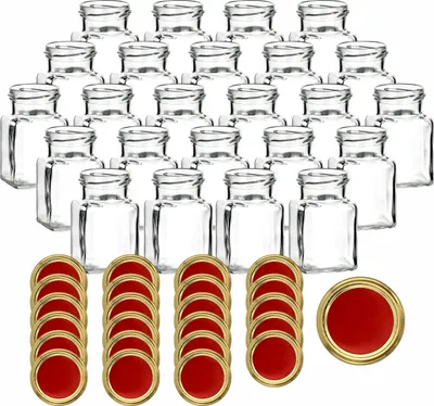 Produktbild von gouveo 24er Set Einmachgläser 150 ml eckig Schraubverschluss rot-gold - Kleines Vorratsglas mit Deckel für Gewürze, Marmelade
